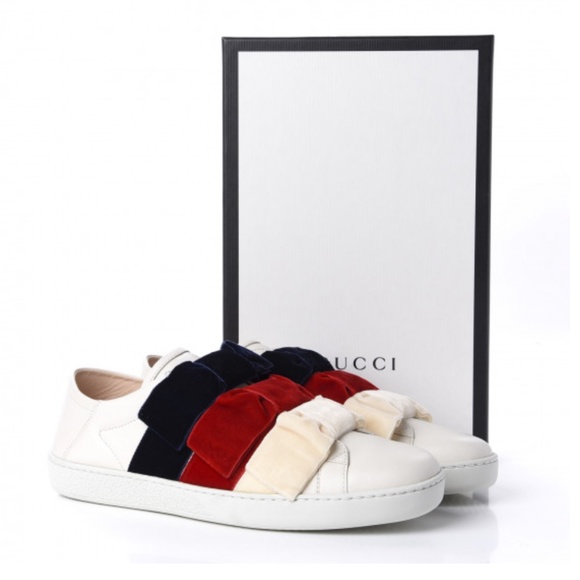 Gucci Calfskin Velvet Womens Bow Ace Sneakers - Picture 1 of 6